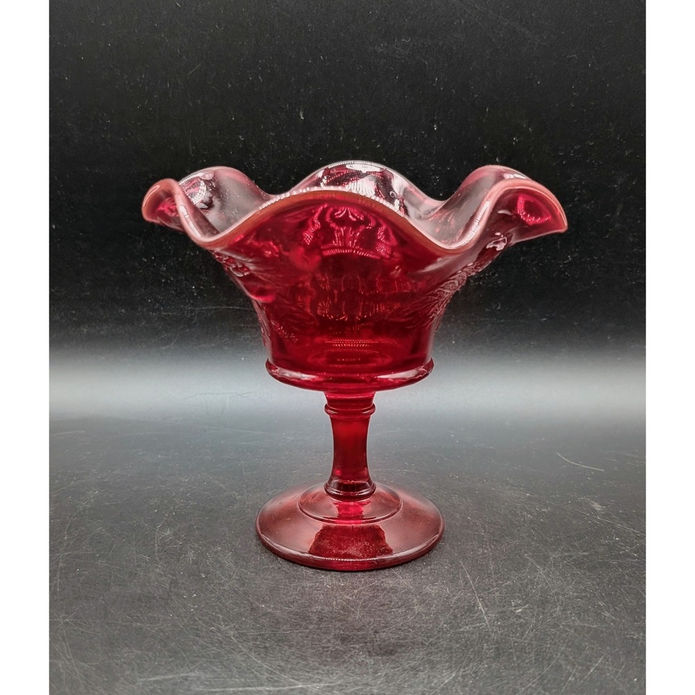 Ruby Red Glass Compote Ruffled Rim Grapevine Pattern Pedestal Candy Dish - Picture 7 of 9